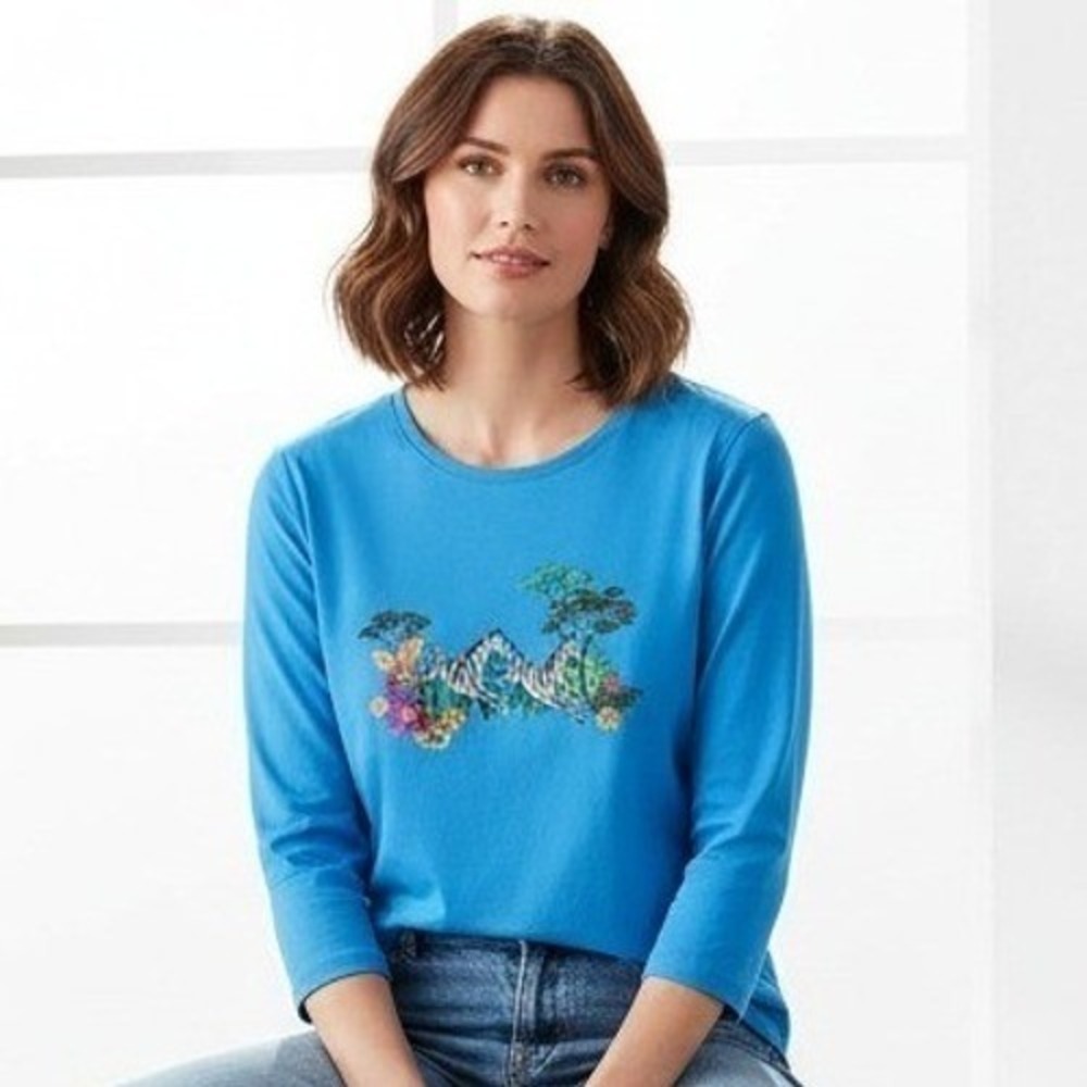 Kim Rogers Women's M Blue‎ 100% Cotton Knit 3/4 Zebra and Tree Graphic Top